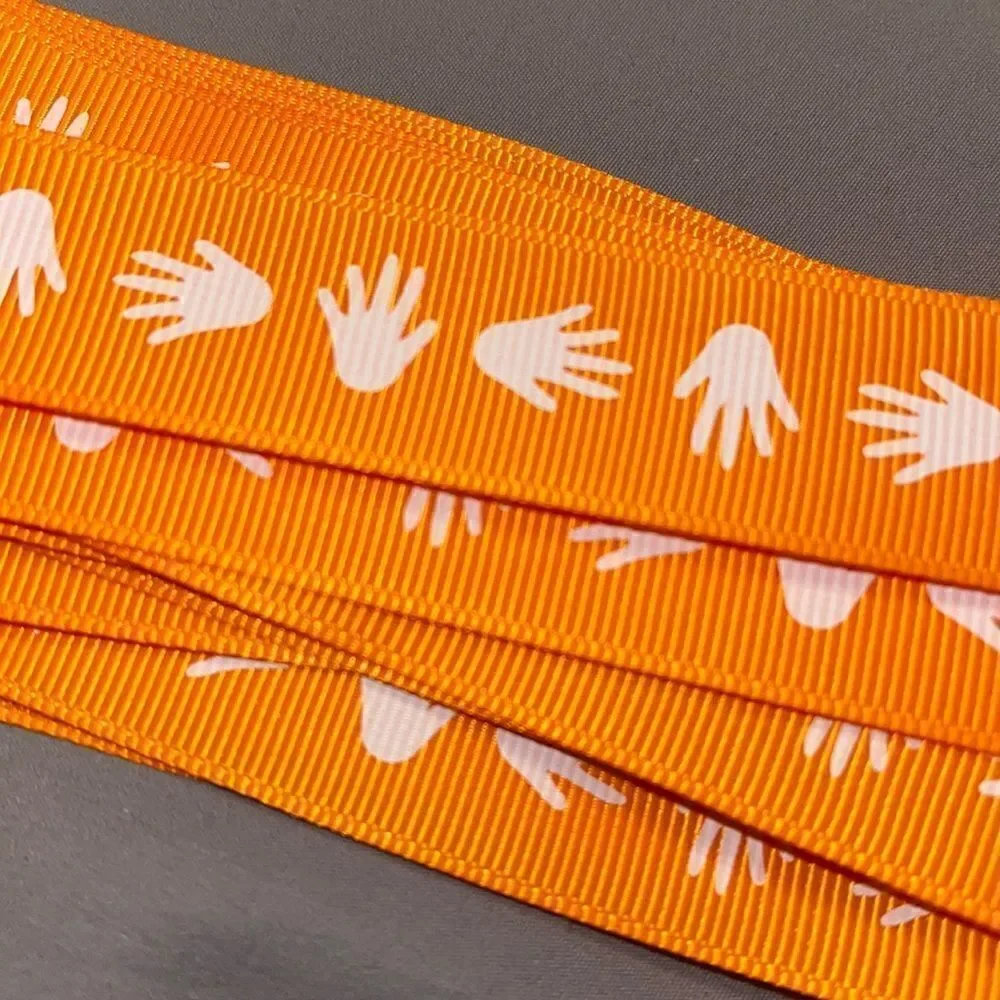 Grosgrain printed Ribbon 7/8” NEW 5 yards orange white hands hand prints print